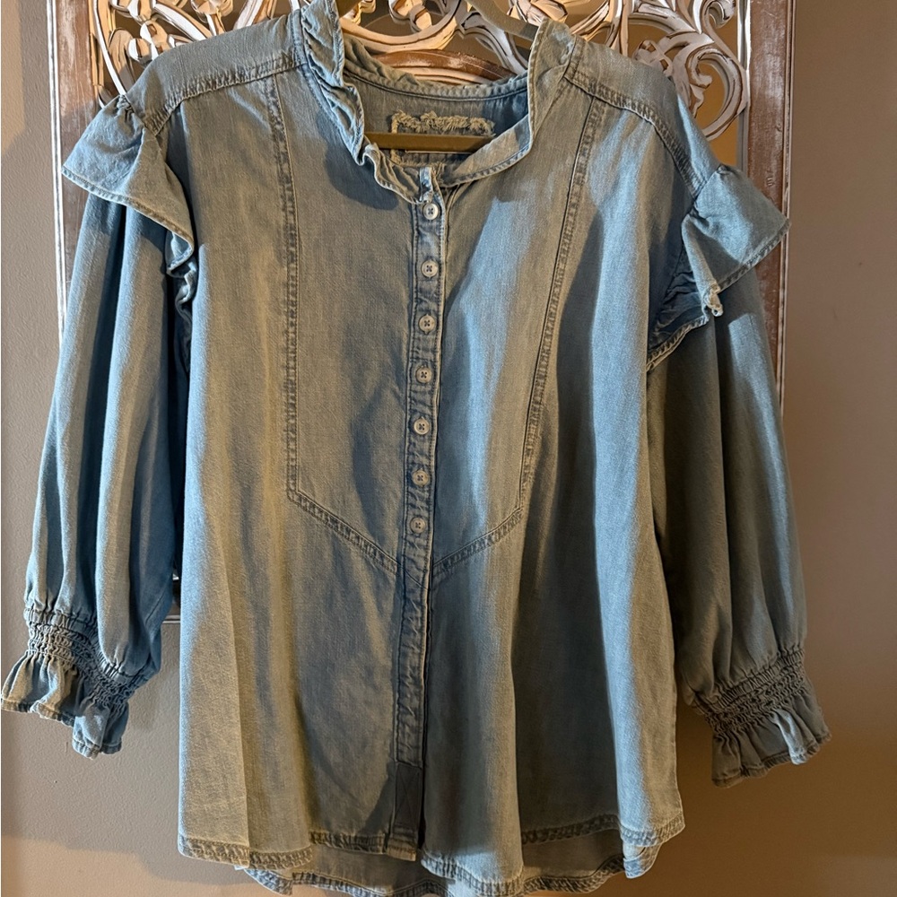 We The Free Light Blue Denim Ruffle Shoulder Button-Up Blouse
